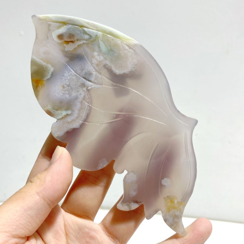 Beautiful Green Sakura Flower Agate Butterfly Wing Carving With Stand -Wholesale Crystals