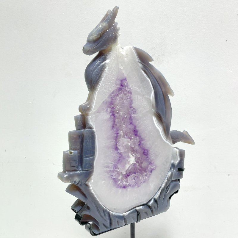 Beautiful Large Amethyst Mixed Geode Druzy Agate Flying Dragon Castle Carving With Stand - Wholesale Crystals