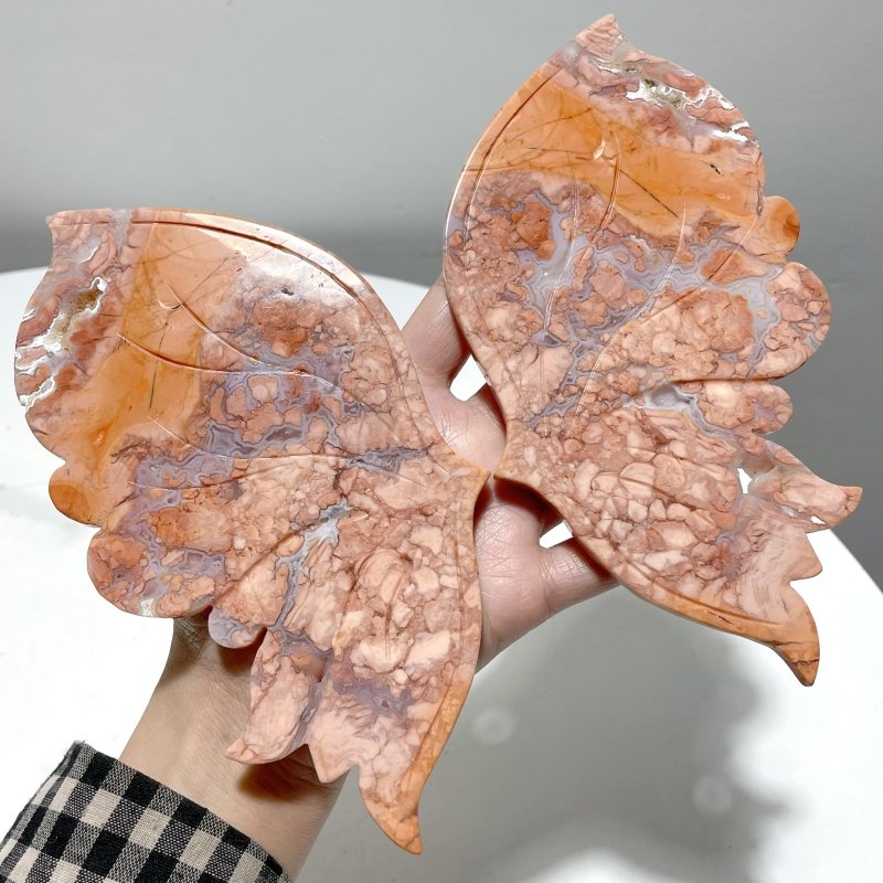 Beautiful Pink Agate Butterfly Wing Carving With Stand - Wholesale Crystals