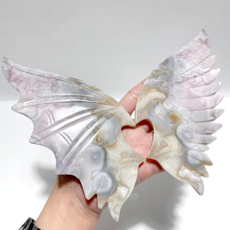 Beautiful Pink Flower Agate Demon And Angel Wing Carving With Stand - Wholesale Crystals