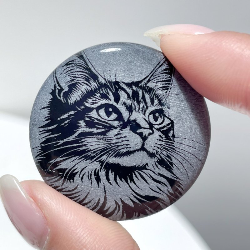 Black Obsidian Engraved Cat Round Slices DIY Accessories Wholesale - Wholesale Crystals