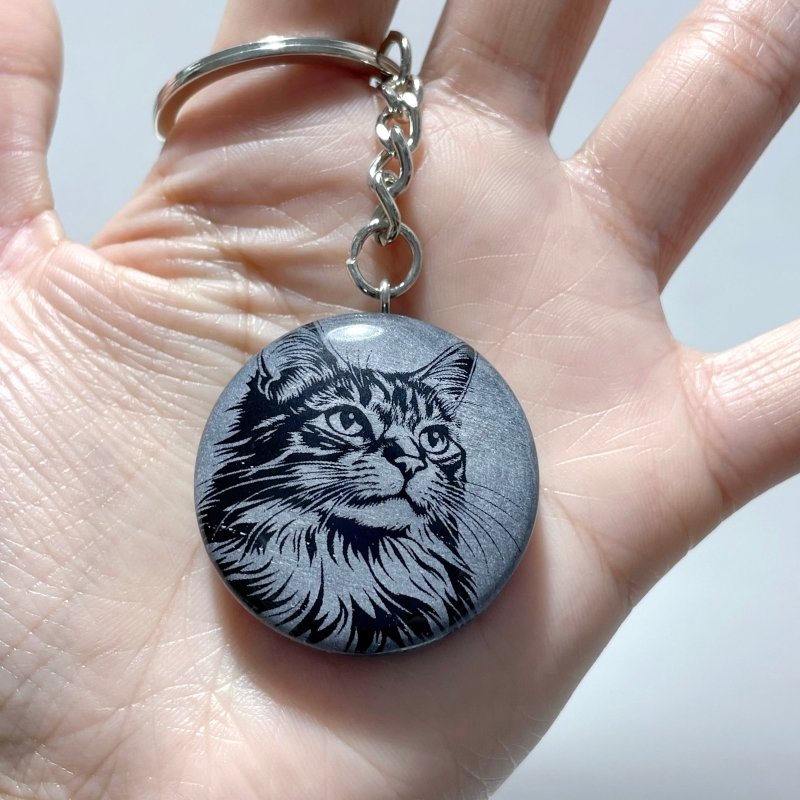 Black Obsidian Engraved Cat Round Slices Keychain Wholesale - Wholesale Crystals