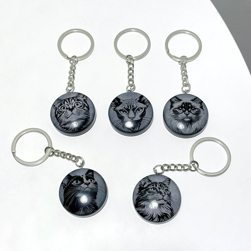 Black Obsidian Engraved Cat Round Slices Keychain Wholesale - Wholesale Crystals