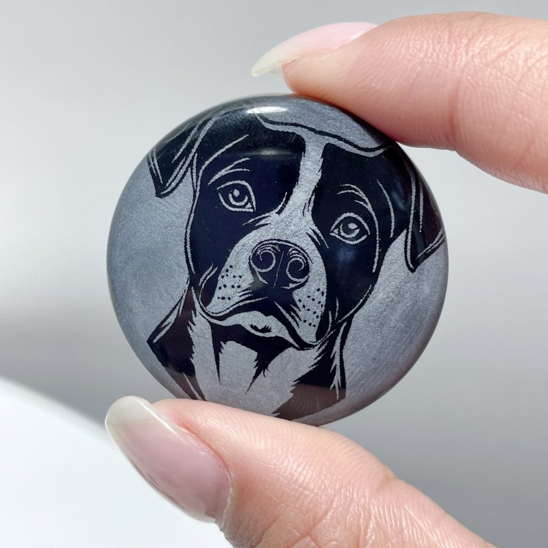 Black Obsidian Engraved Dog Round Slices DIY Accessories Wholesale - Wholesale Crystals