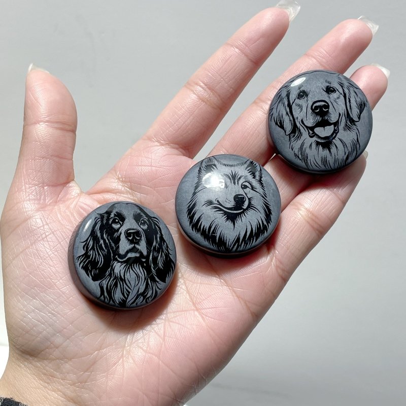 Black Obsidian Engraved Dog Round Slices DIY Accessories Wholesale - Wholesale Crystals