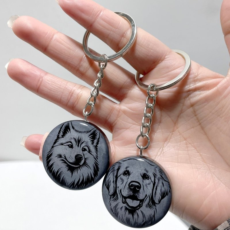 Black Obsidian Engraved Dog Round Slices Keychain Wholesale - Wholesale Crystals