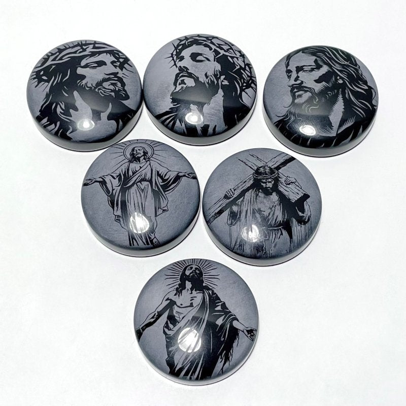 Black Obsidian Engraved Jesus Christ Round Slices DIY Accessories Wholesale - Wholesale Crystals