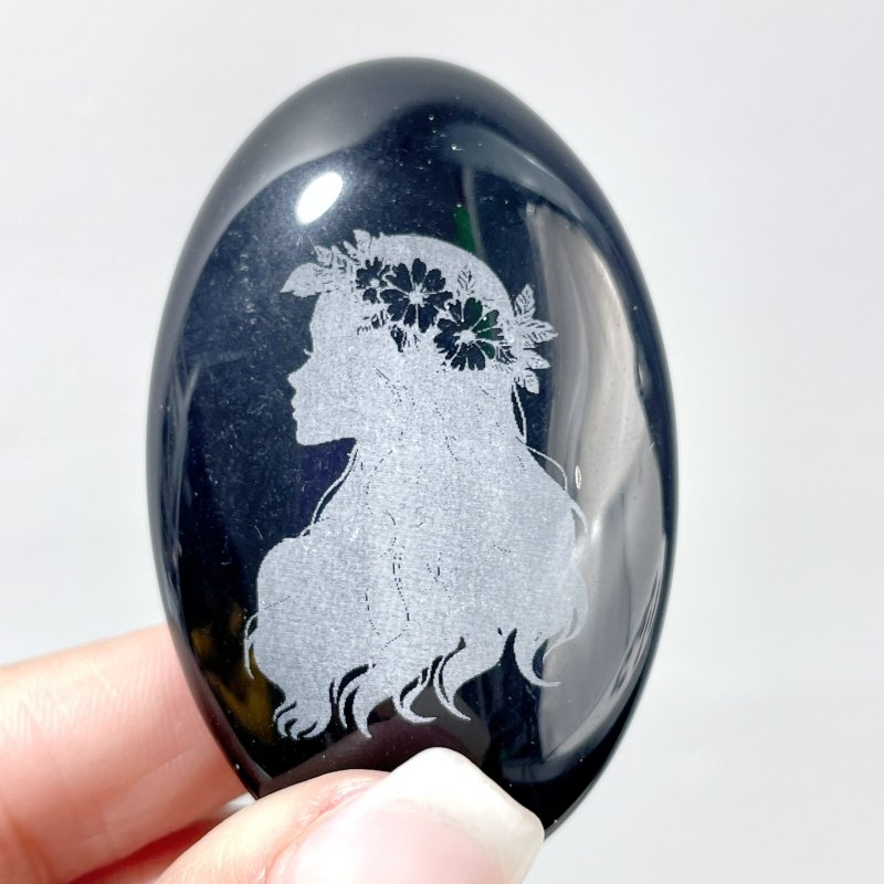 Black Obsidian Engraved Mermaid Palm 24 Designs Wholesale - Wholesale Crystals