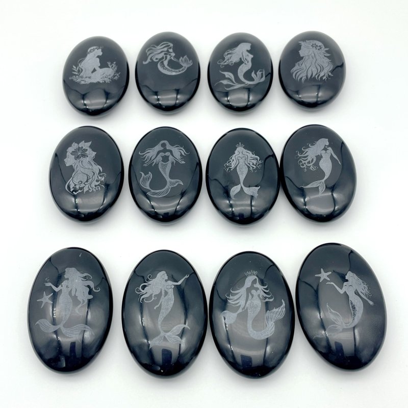 Black Obsidian Engraved Mermaid Palm 24 Designs Wholesale - Wholesale Crystals