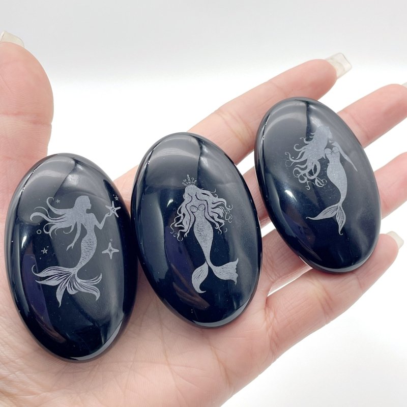 Black Obsidian Engraved Mermaid Palm 24 Designs Wholesale - Wholesale Crystals