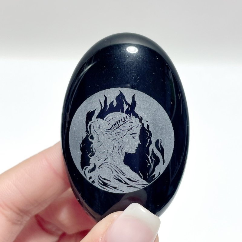 Black Obsidian Engraved Twelve Olympians Palm Stone Wholesale - Wholesale Crystals