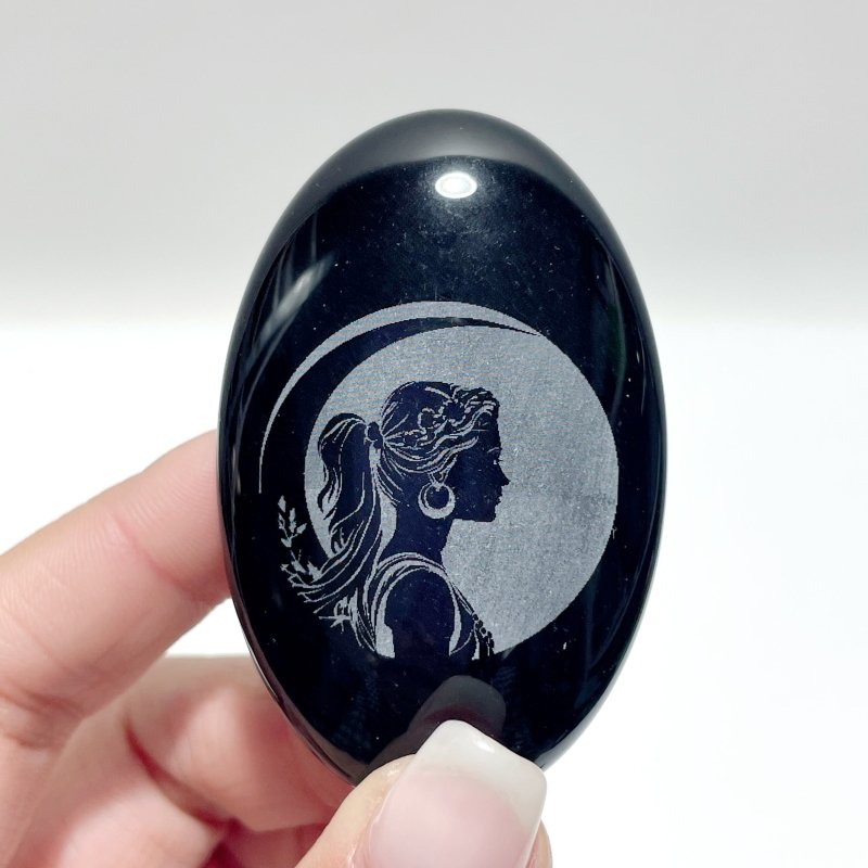 Black Obsidian Engraved Twelve Olympians Palm Stone Wholesale - Wholesale Crystals