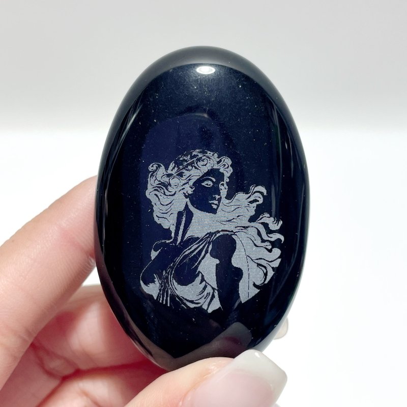 Black Obsidian Engraved Twelve Olympians Palm Stone Wholesale - Wholesale Crystals