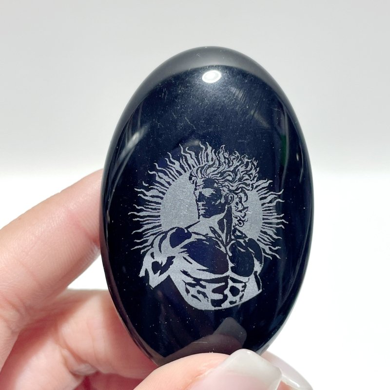 Black Obsidian Engraved Twelve Olympians Palm Stone Wholesale - Wholesale Crystals