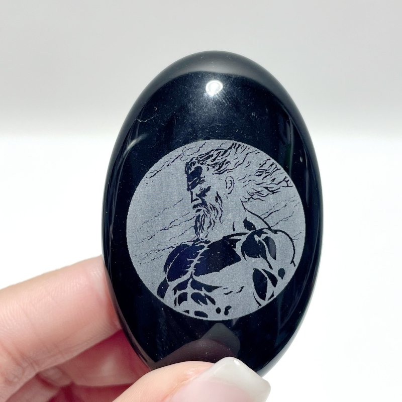 Black Obsidian Engraved Twelve Olympians Palm Stone Wholesale - Wholesale Crystals