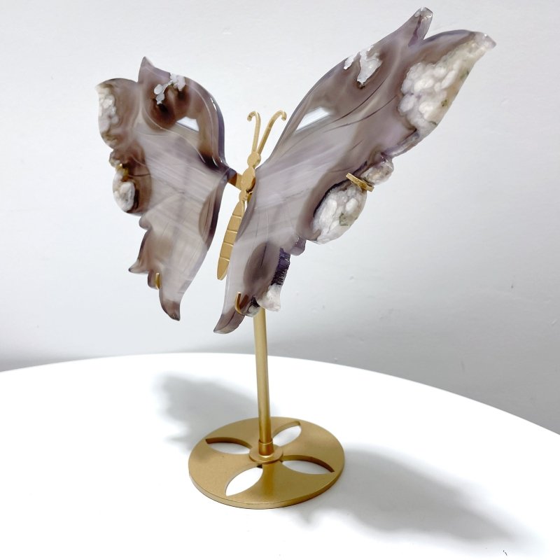 Black Sakura Flower Agate Butterfly Wing Carving With Stand - Wholesale Crystals