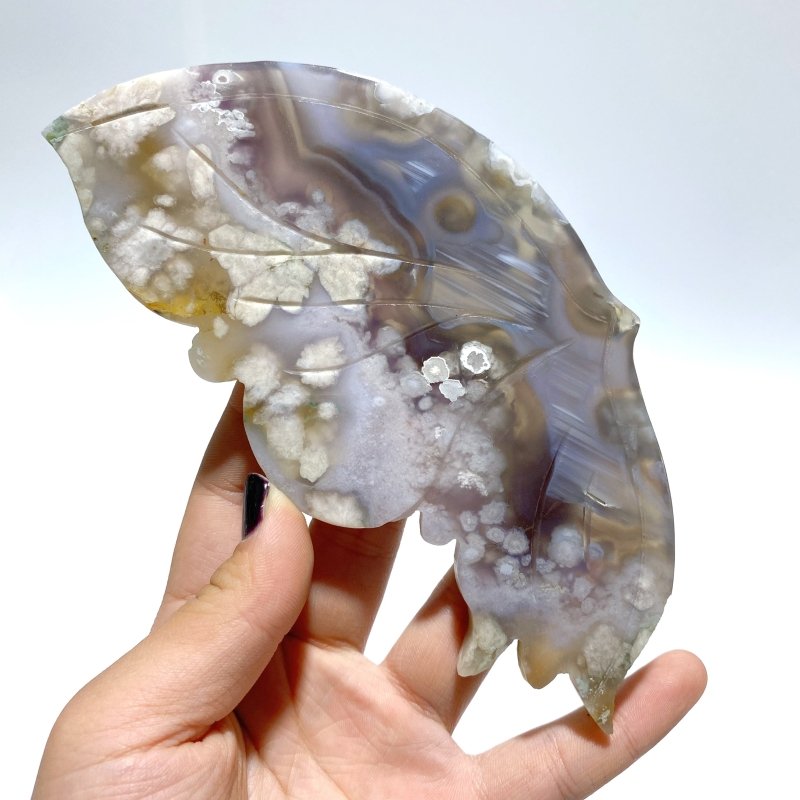 Black Sakura Flower Agate Butterfly Wing Carving With Stand - Wholesale Crystals