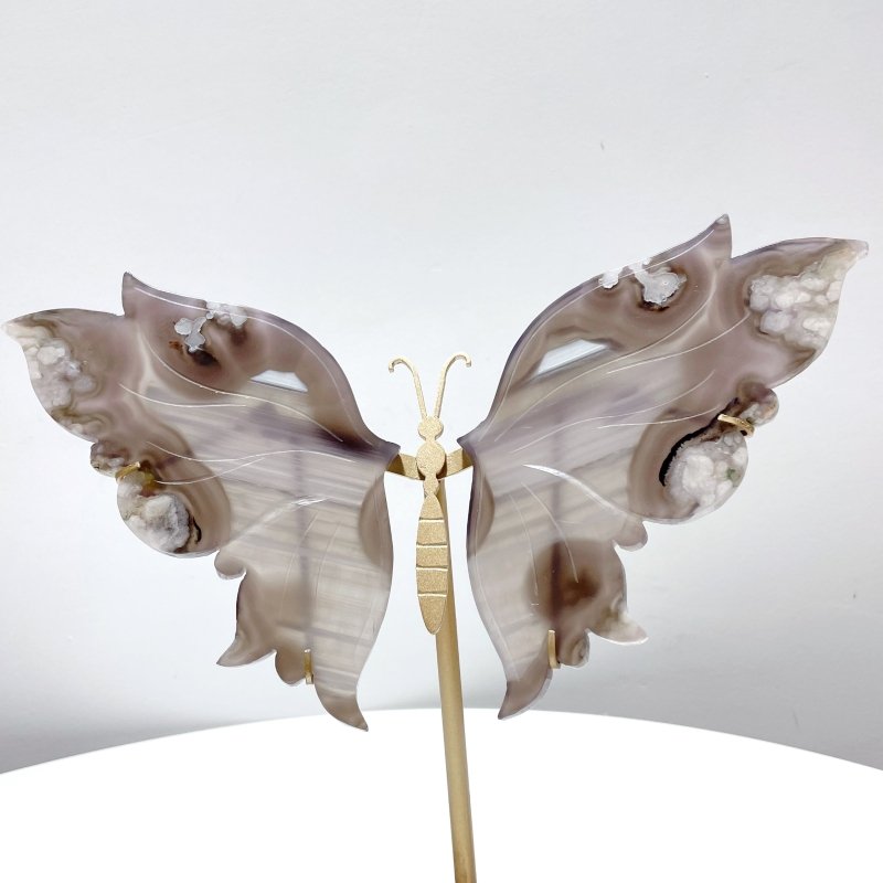 Black Sakura Flower Agate Butterfly Wing Carving With Stand - Wholesale Crystals