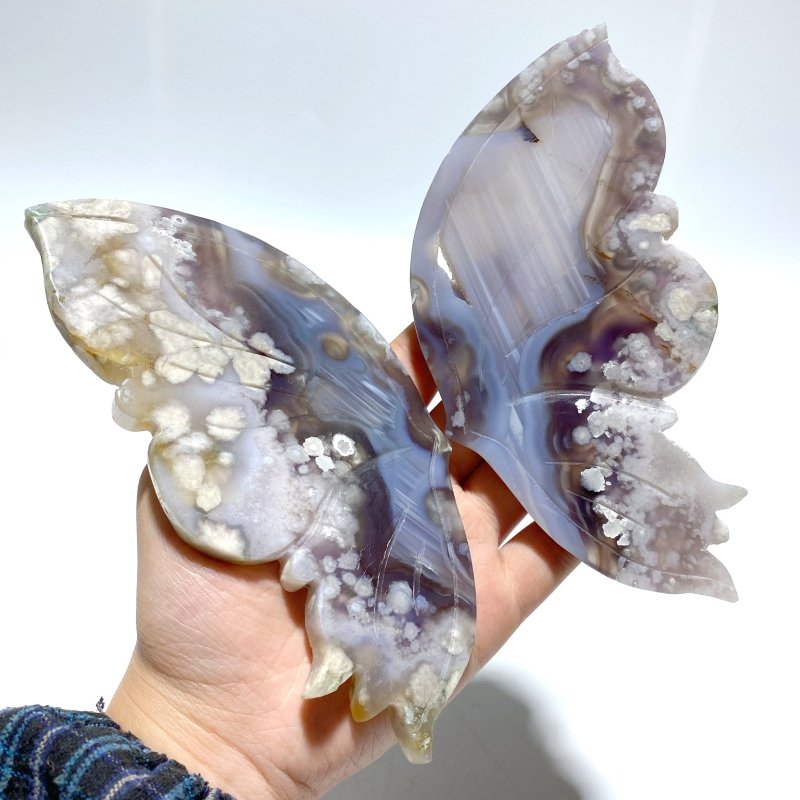 Black Sakura Flower Agate Butterfly Wing Carving With Stand - Wholesale Crystals
