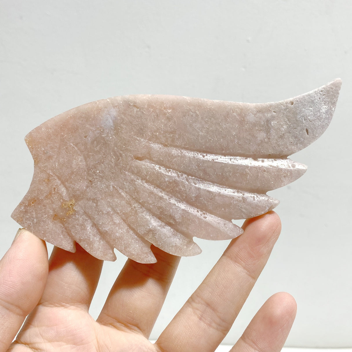 Unique Pink Agate Heart Wing Carving With Stand
