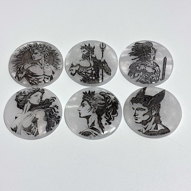 Clear Quartz Engraved Olympian Gods Round Slices DIY Accessories Wholesale - Wholesale Crystals