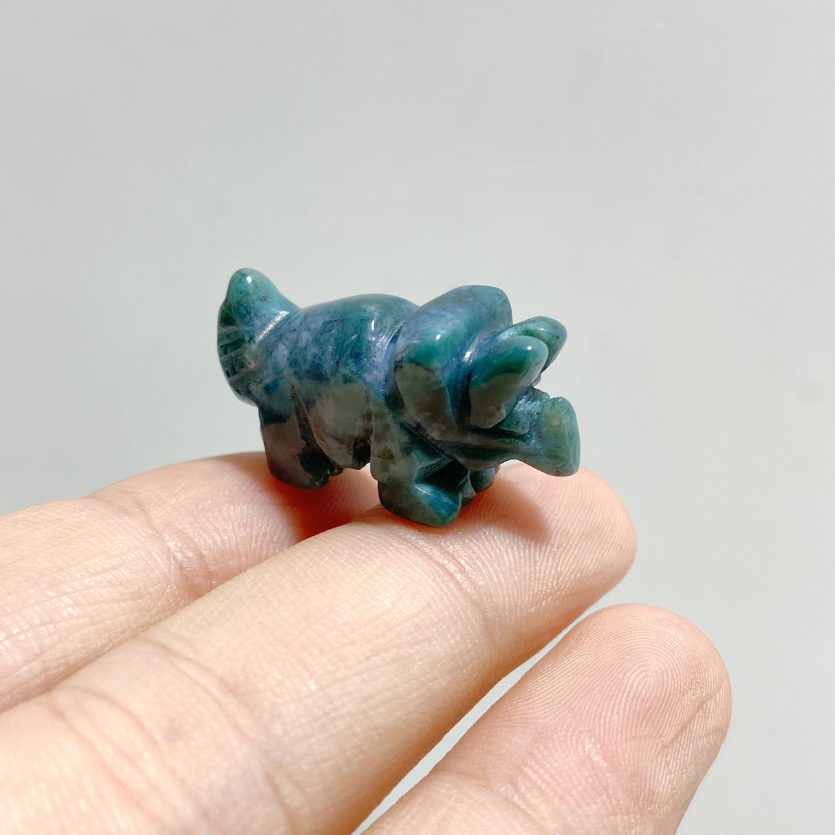 Mini Moss Agate Three Horns Dinosaur Carving Wholesale
