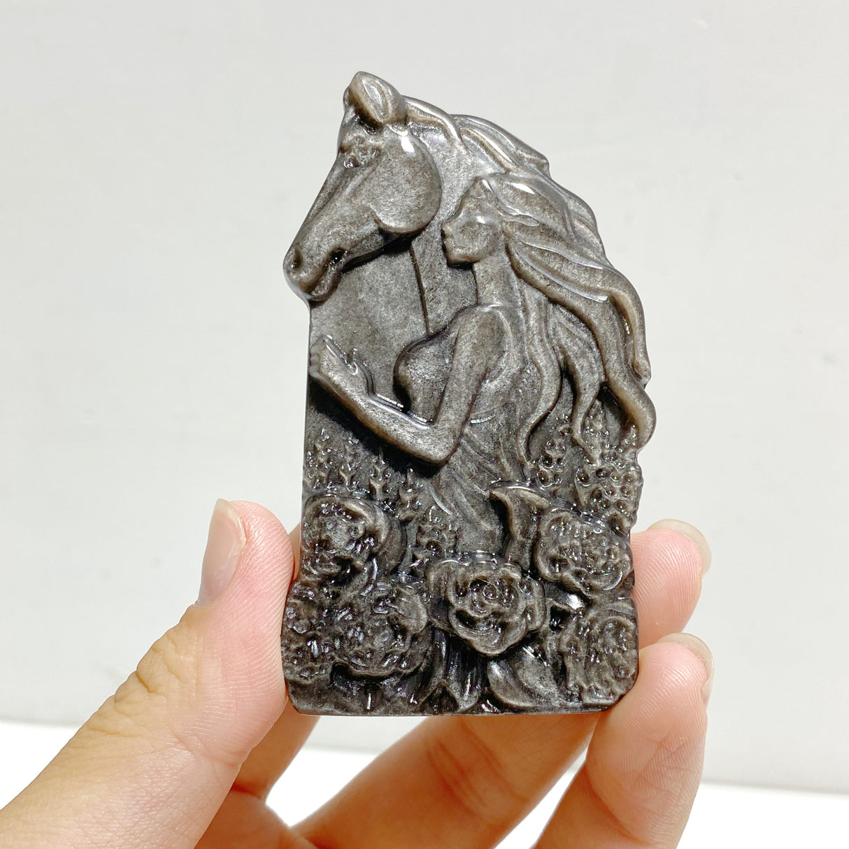 Silver Sheen Obsidian Lady With Horse Carving Wholesale