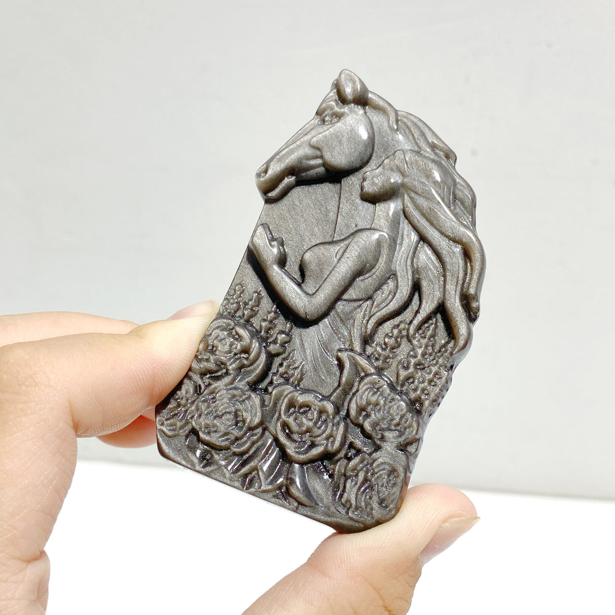 Silver Sheen Obsidian Lady With Horse Carving Wholesale