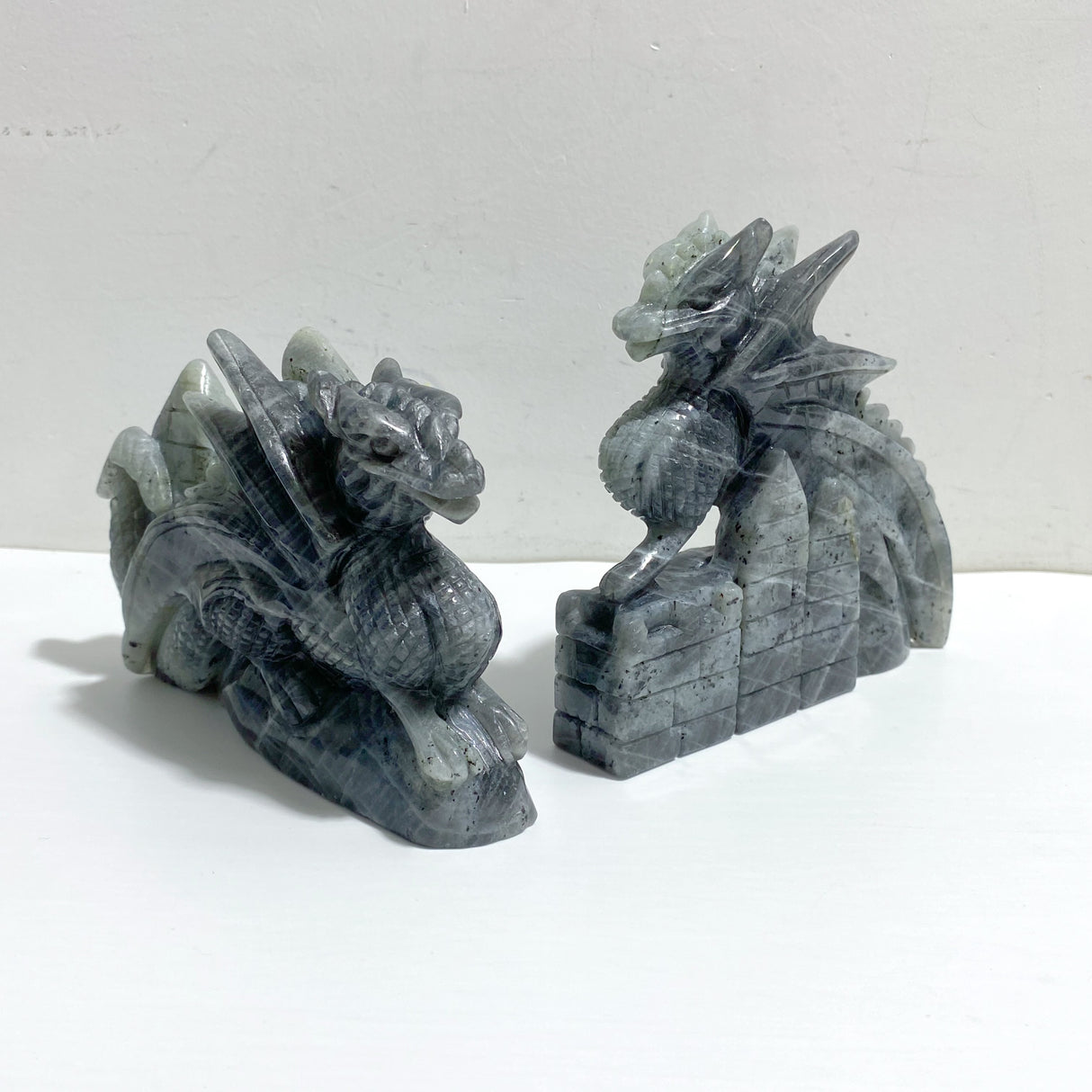 2 Pieces Beautiful Labradorite Flying Dragon Castle Carving