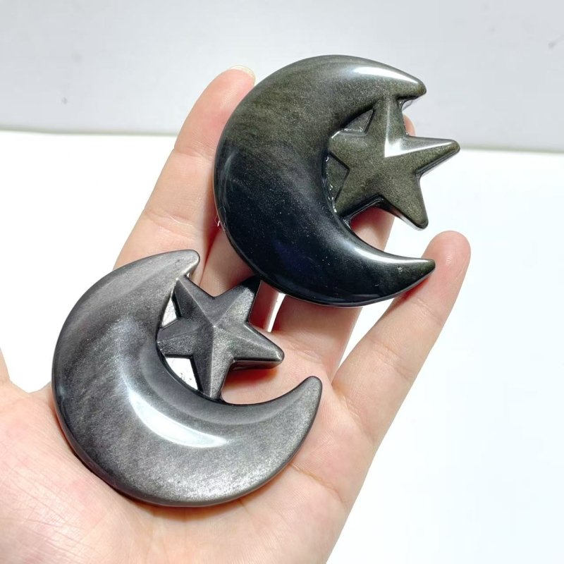 Gold Sheen Obsidian Silver Sheen Obsidian Moon Star Carving Wholesale - Wholesale Crystals