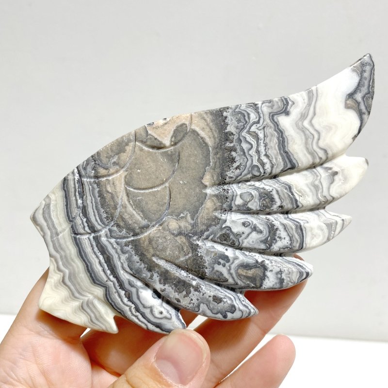 Gray Lace Agate Heart Wing Carving With Stand -Wholesale Crystals