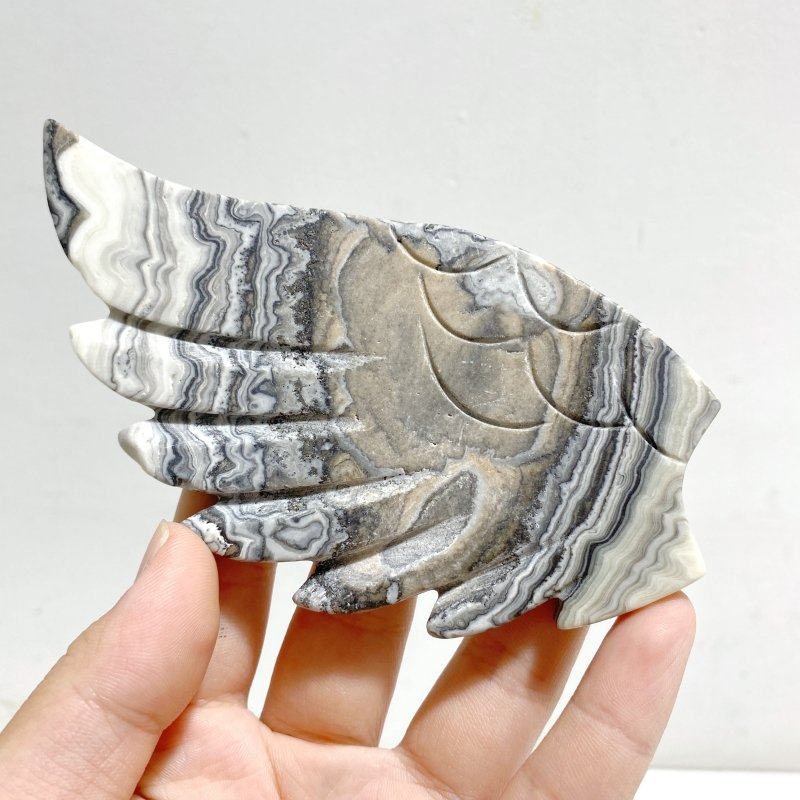 Gray Lace Agate Heart Wing Carving With Stand -Wholesale Crystals