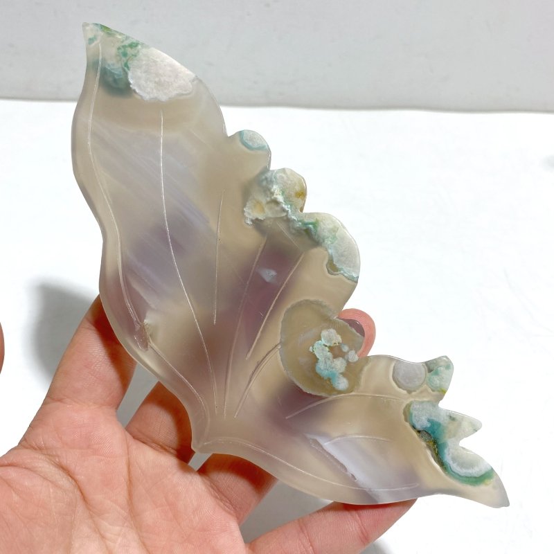 Green Sakura Flower Agate Butterfly Wing Carving With Stand - Wholesale Crystals