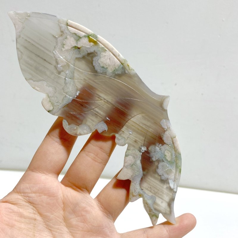 Green Sakura Flower Agate Butterfly Wing Carving With Stand -Wholesale Crystals