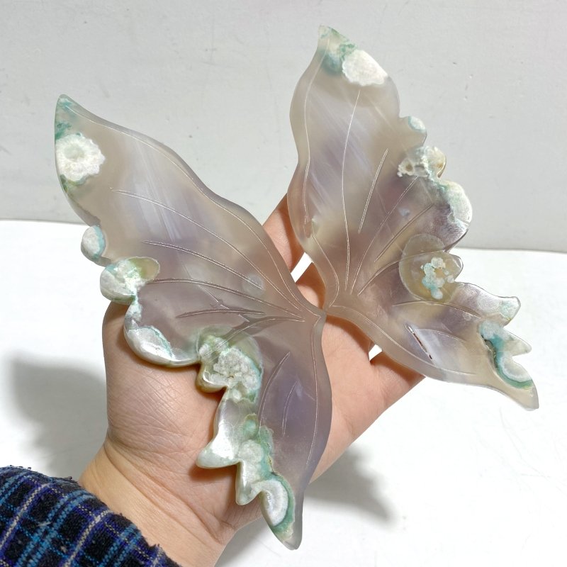 Green Sakura Flower Agate Butterfly Wing Carving With Stand - Wholesale Crystals