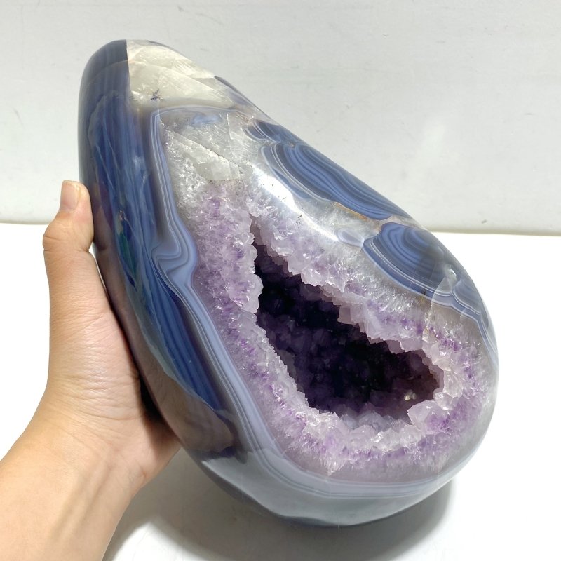 Large Amethyst Mixed Geode Agate Calcite Dinosaur Egg With Stand - Wholesale Crystals