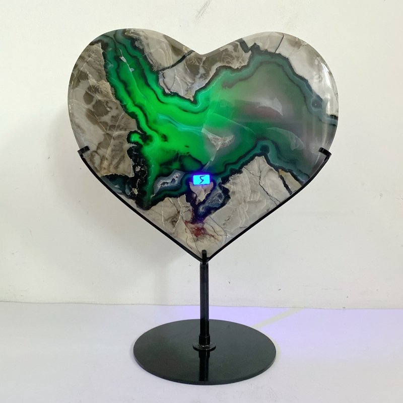 Large Geode Volcano Agate Heart With Stand (UV - Reactive) - Wholesale Crystals