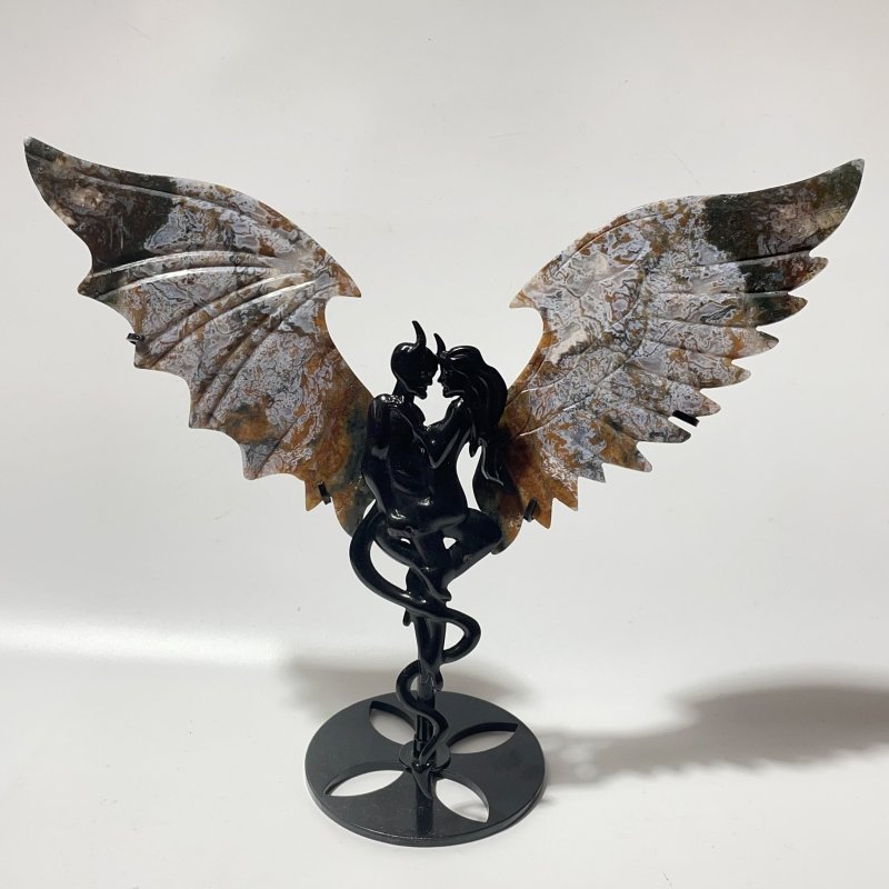 Moss Agate Demon And Angel Wing Carving With Stand -Wholesale Crystals