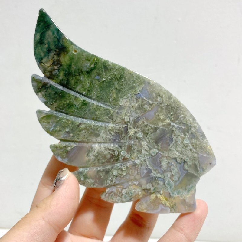 Moss Agate Heart Wing Carving With Stand -Wholesale Crystals