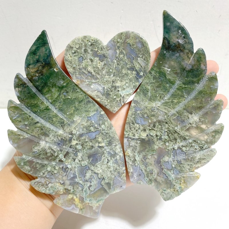 Moss Agate Heart Wing Carving With Stand -Wholesale Crystals