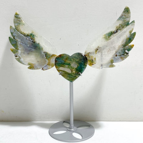 Moss Agate Heart Wing Carving With Stand -Wholesale Crystals