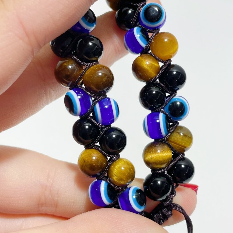 Multiple Materials Evil Eye Woven Adjustable Bracelets Wholesale Tiger Eye Obsidian - Wholesale Crystals