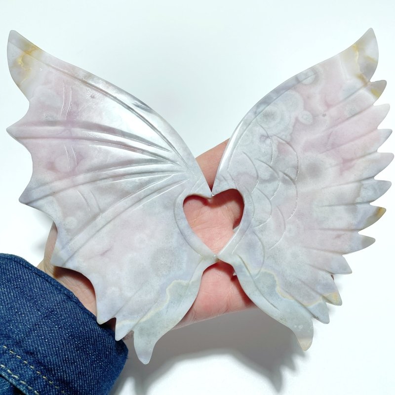 Pink Flower Agate Demon And Angel Wing Carving With Stand - Wholesale Crystals