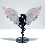 Pink Flower Agate Demon And Angel Wing Carving With Stand - Wholesale Crystals