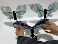 3 Pairs Rainbow Fluorite Symmetry Owl Wing Carving With Stand