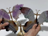 3 Pairs Butterfly Wing Carving With Stand Amethyst Mixed Agate Ocean Jasper