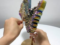 Yellow And Purple Aura Quartz Cluster Angel Wing Carving With Stand