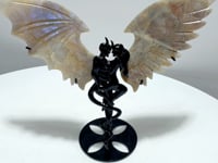 Blue Moonstone Demon And Angel Wing Carving With Stand