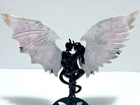 Pink Flower Agate Demon And Angel Wing Carving With Stand