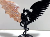 Unique Pink Agate Black Obsidian Demon and Angel Wing Carving With Stand